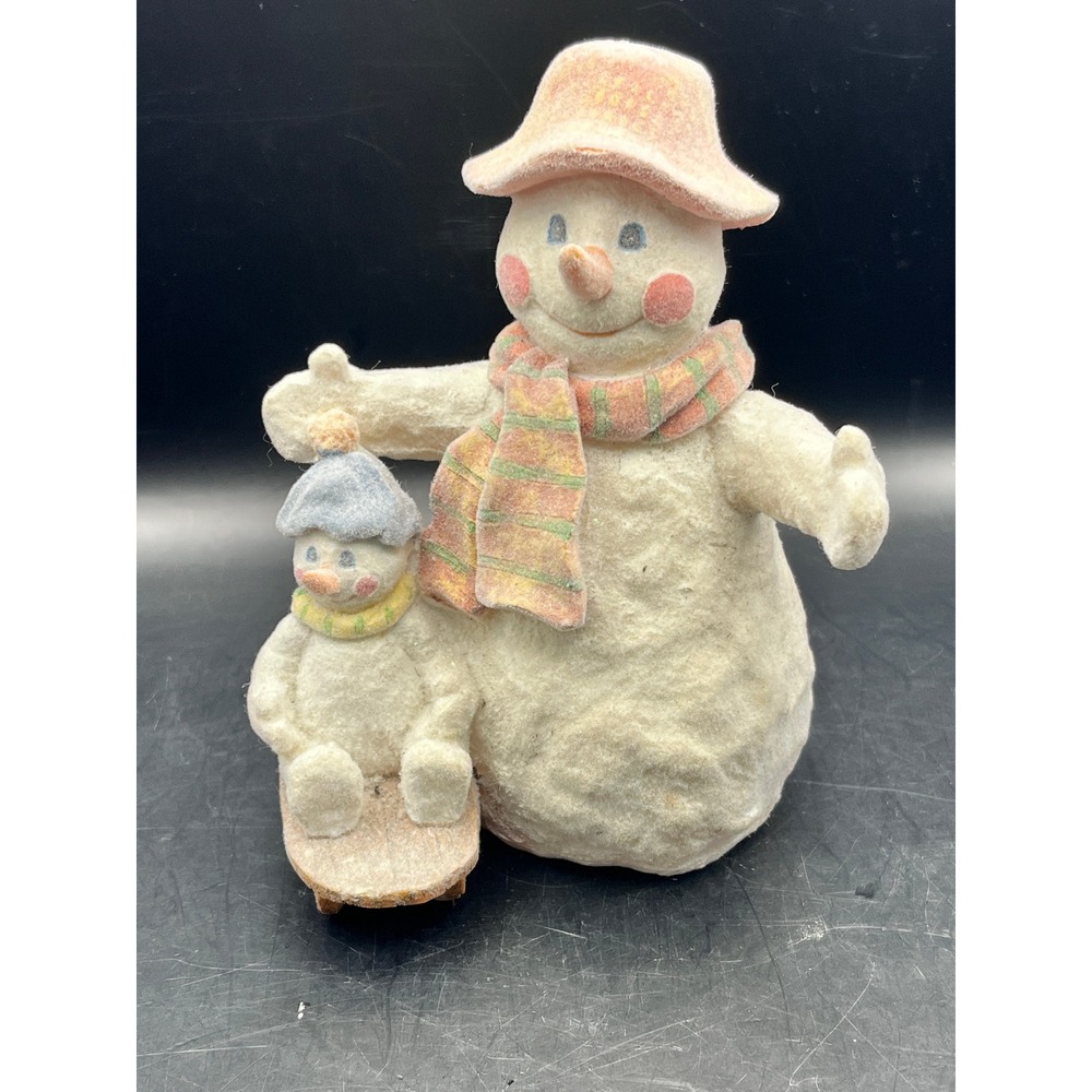 Vintage Decorative Snowman Family Flocked Sledding Winter Holiday Figurine 6.25"